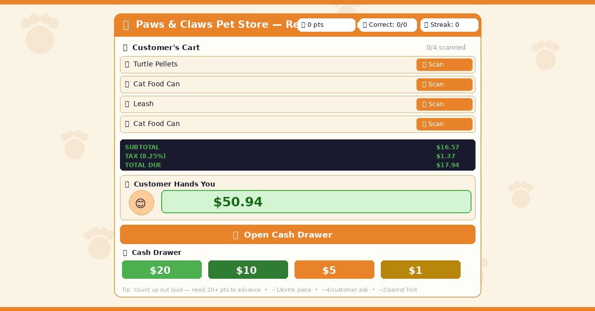 Paws & Claws Pet Store Register Trainer — a cash register practice game built in 20 minutes