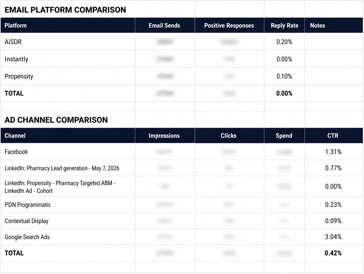 Email platform and ad channel comparison tables