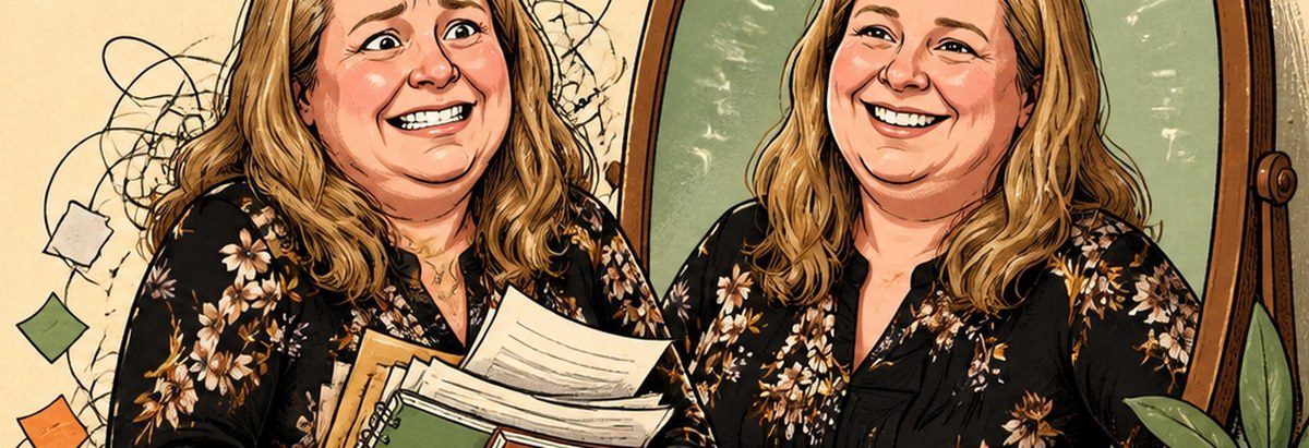 Illustrated caricature of Crys Black holding a stack of papers, twice, one leaning in and one seated
