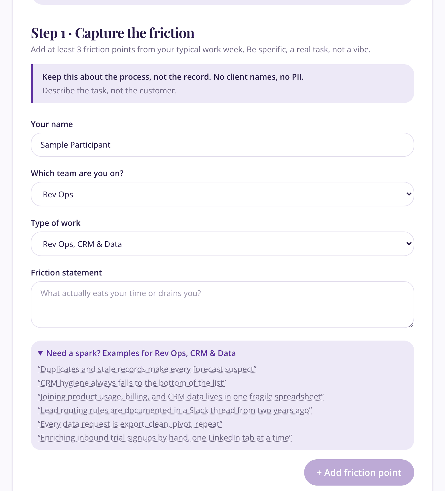 AI Priority Finder capture step: team, type of work, a friction statement box, and six example sparks for Rev Ops, CRM and Data
