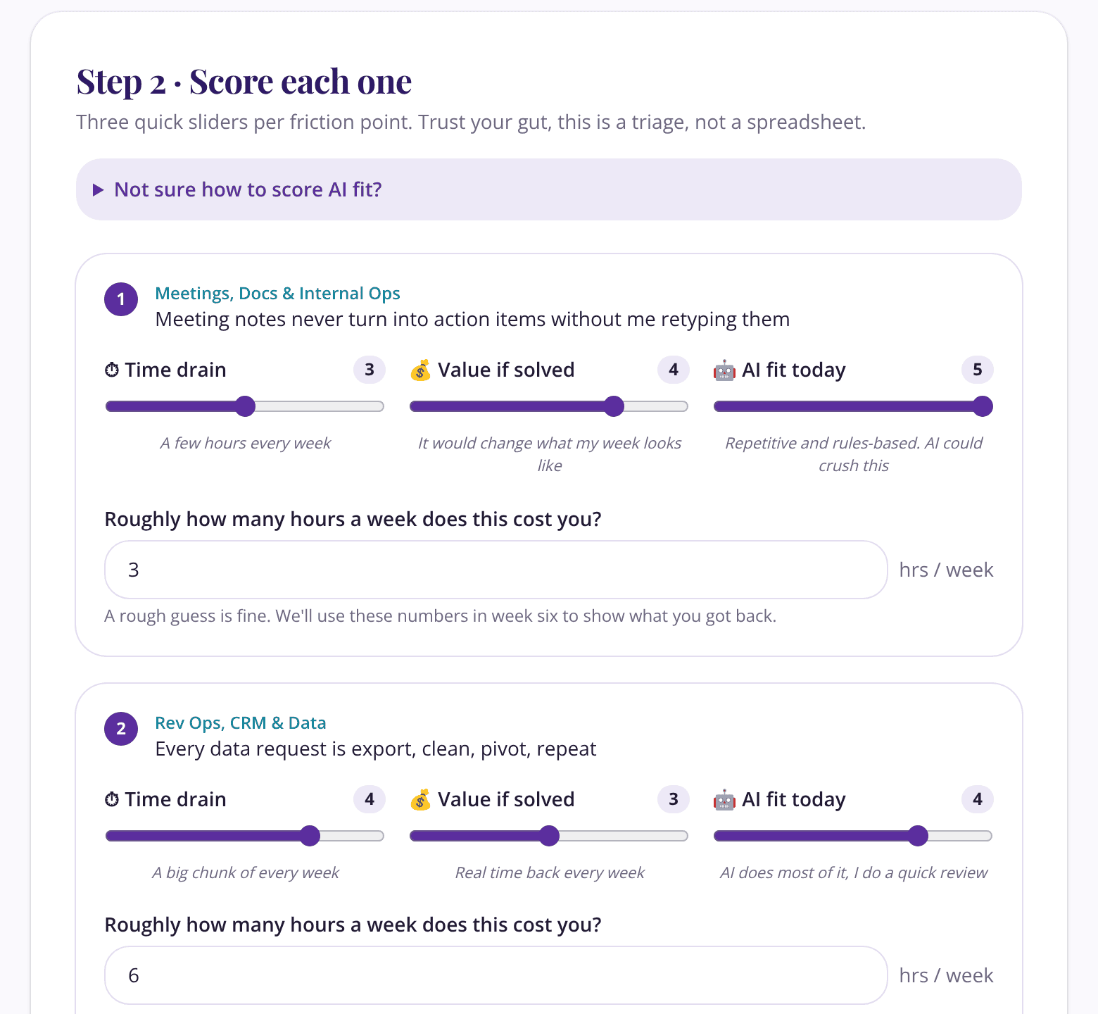 AI Priority Finder scoring step: time, value and AI fit sliders with a sentence under each score, plus an hours-per-week box