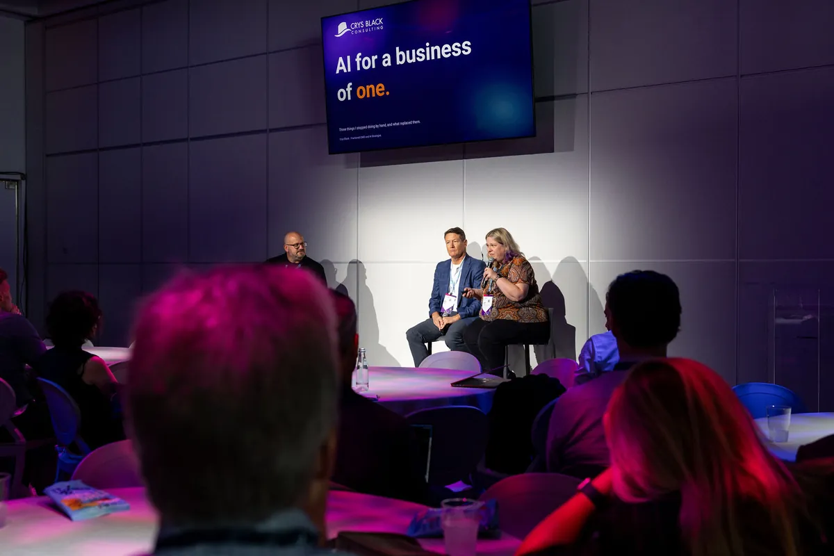 Crys Black presenting AI for a Business of One to a room of fractional executives at Pavilion GTM2026